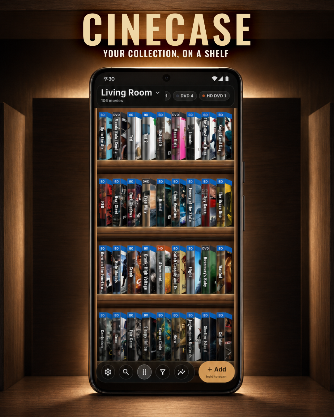 Cinecase displaying a collection as movie cases on a warm wooden shelf