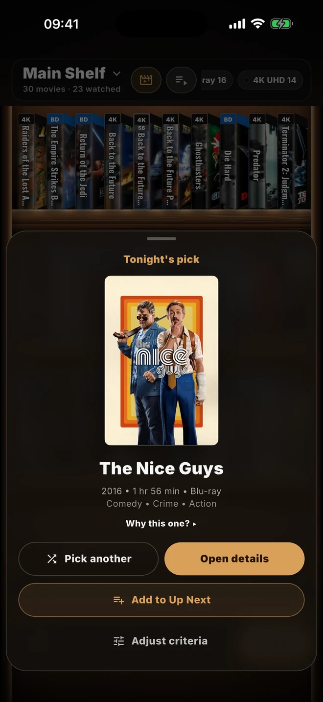 Movie Night revealing The Nice Guys as tonight's pick, with an Add to Up Next button
