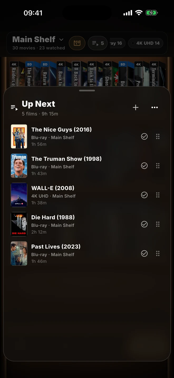 Up Next showing a five-film watch queue with total runtime, watched controls and reorder handles